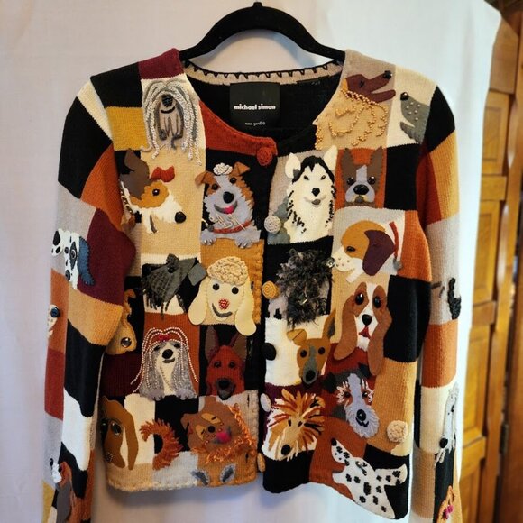 Michael Simon Sweaters - VINTAGE MICHAEL SIMON DOG EMBELLISHED CARDIGAN SWEATER, MULTI-COLOR, SIZE SMALL